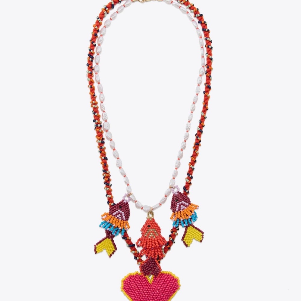 ZARA Fish & Heart Necklace 2-Pack Beaded Cord Pearl Charm Set NWT